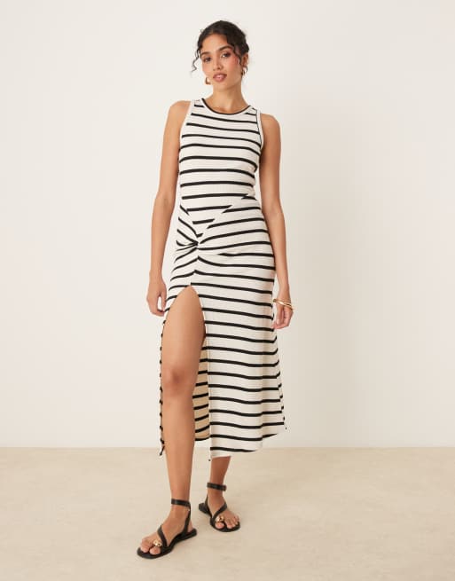 ASOS DESIGN sleeveless twist maxi dress in black and cream stripe