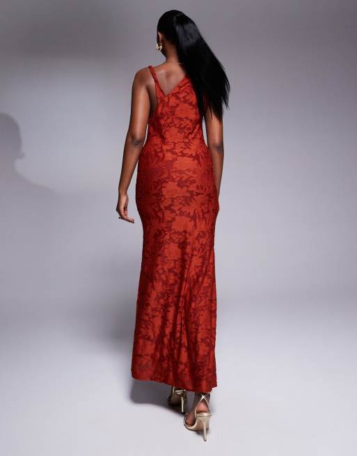 ASOS DESIGN sleeveless twisted shoulder devore maxi dress in rust