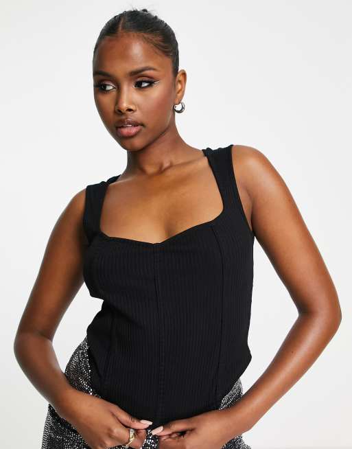 ASOS DESIGN Short Sleeve Corset Top With Ultra Wide Neck In Black for Women