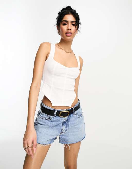 ASOS DESIGN Tall ribbed fitted corset top with ultra wide neck in ecru