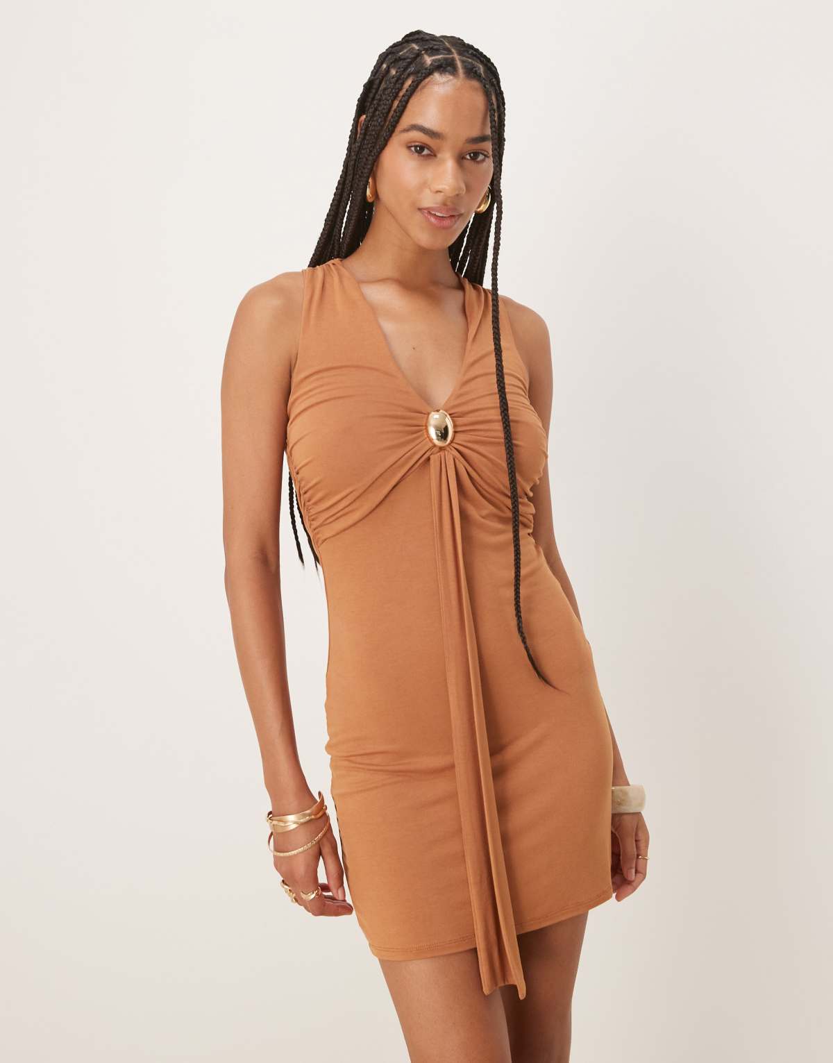 ASOS DESIGN sleeveless V front mini dress with gold trim in camel