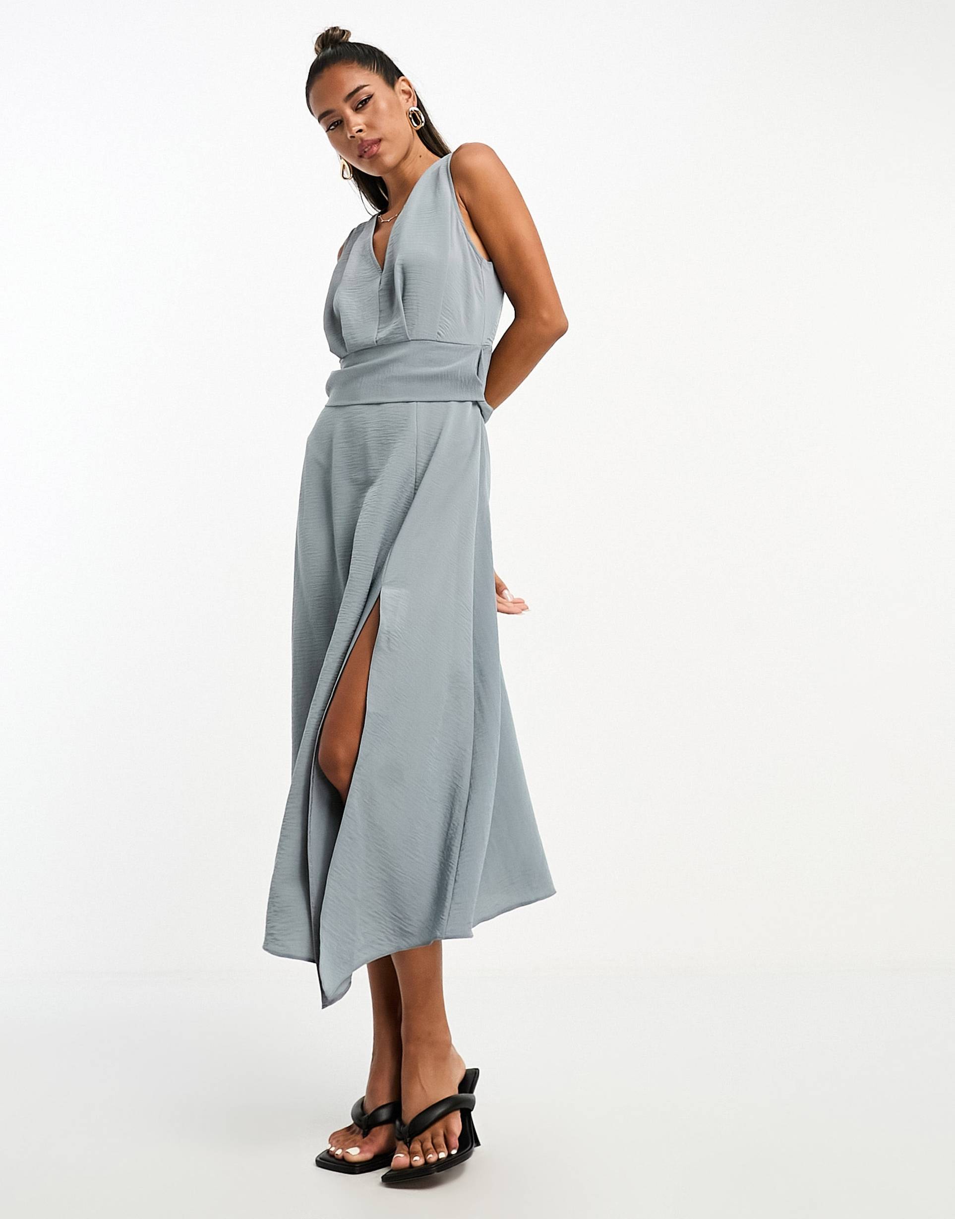 asos design sleeveless v-neck dress with d-ring back detail in gray