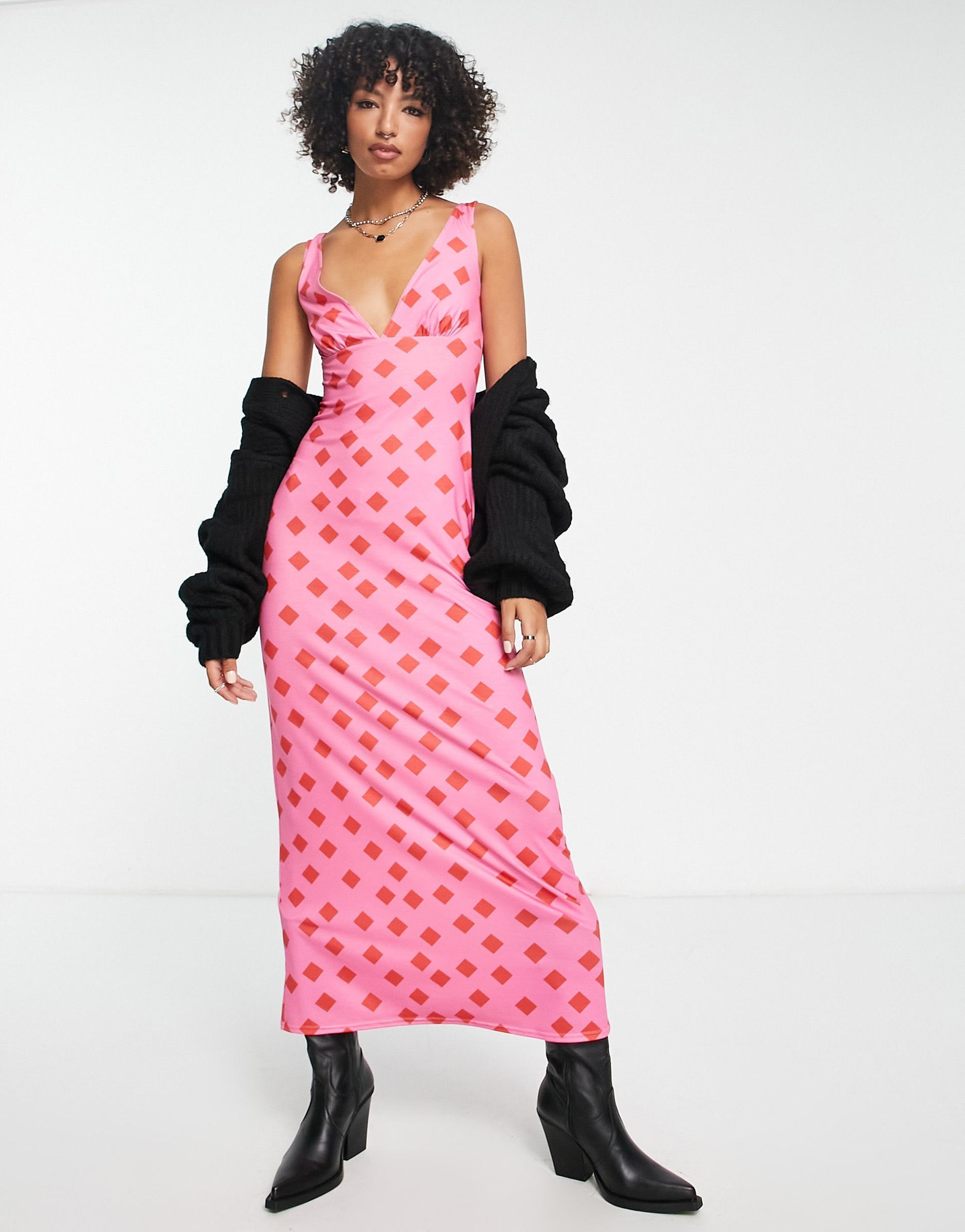 asos design sleeveless v neck maxi dress in pink and red geo print