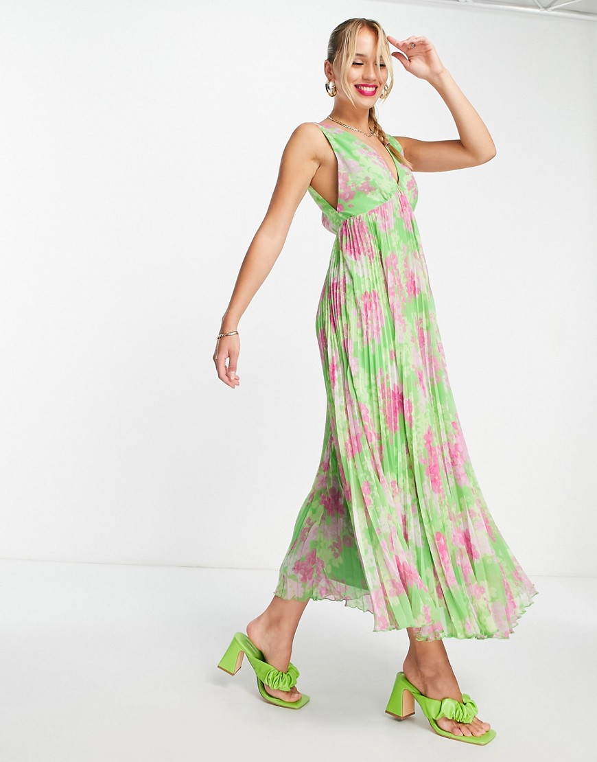 ASOS DESIGN sleeveless V neck pleated trapeze maxi dress in green floral print-Multi