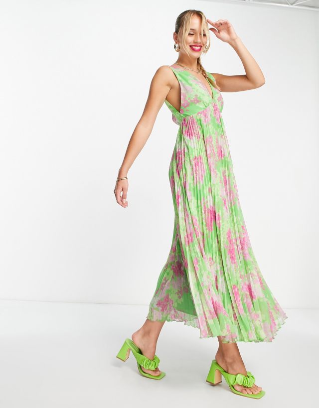 ASOS DESIGN sleeveless V-neck pleated trapeze maxi dress in green floral print