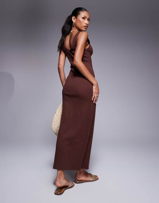 ASOS DESIGN sleeveless v-neck rib midaxi dress in chocolate, 3 of 4