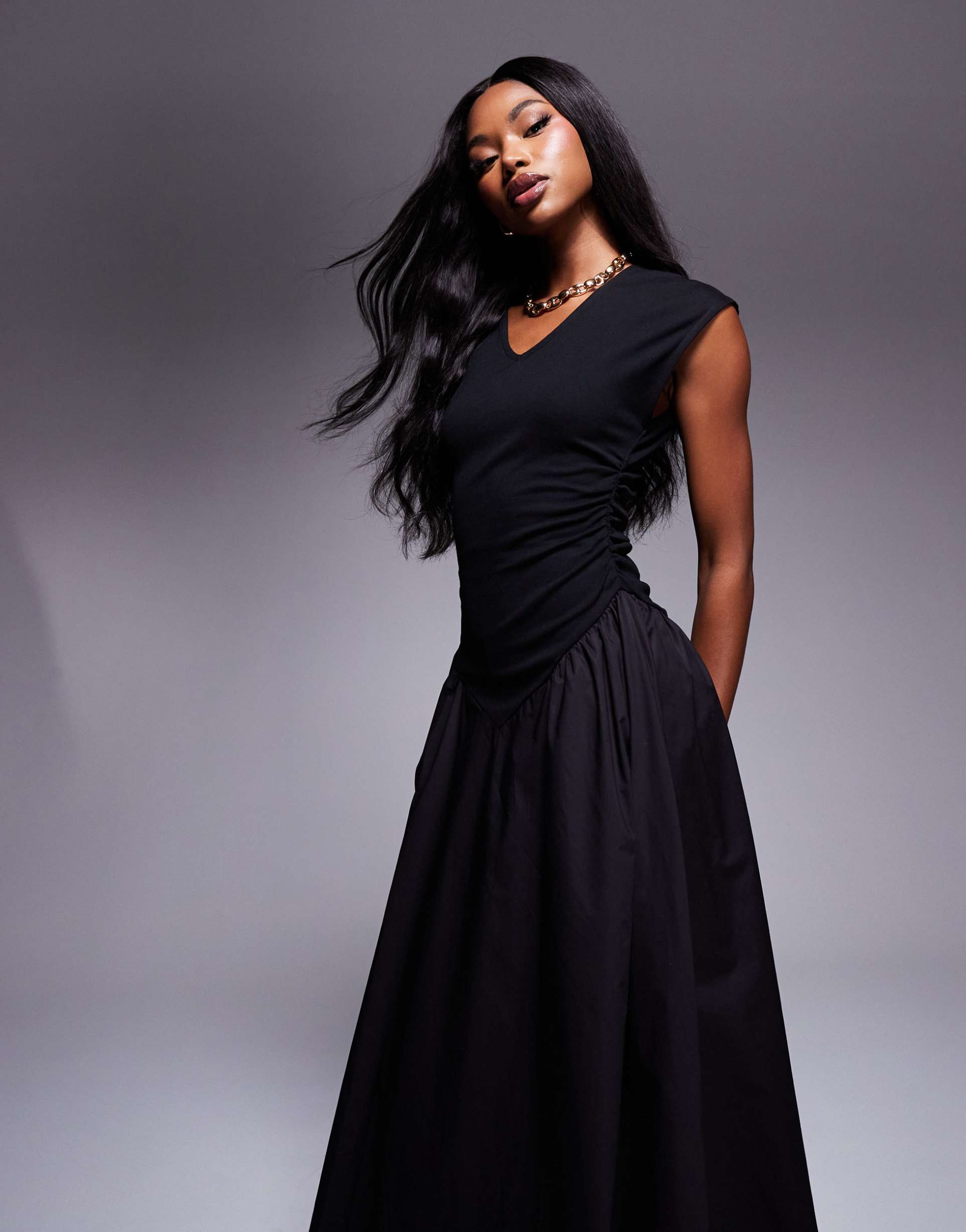 asos design sleeveless v-neck ruched midi dress with full poplin skirt in black