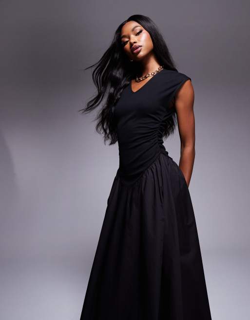 ASOS DESIGN sleeveless v neck ruched midi dress with full poplin skirt in black ASOS