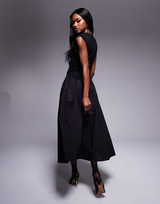 ASOS Design Sleeveless V Neck Ruched Midi Dress with Full Poplin Skirt in Black