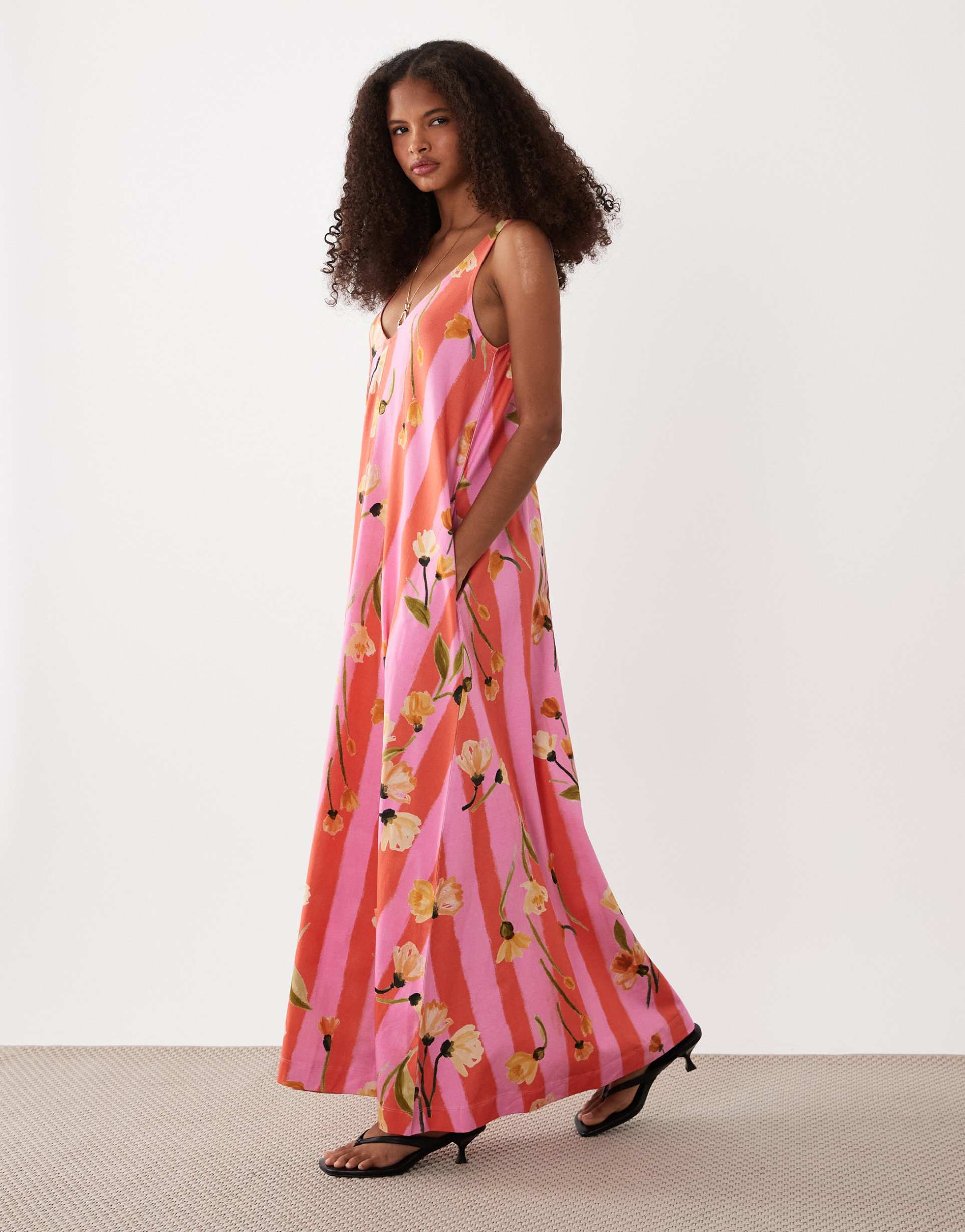 asos design sleeveless v neck trapeze maxi dress in floral stripe