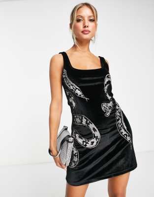 Asos Design Sleeveless Velvet Mini Dress With Snake Embellishment In Black