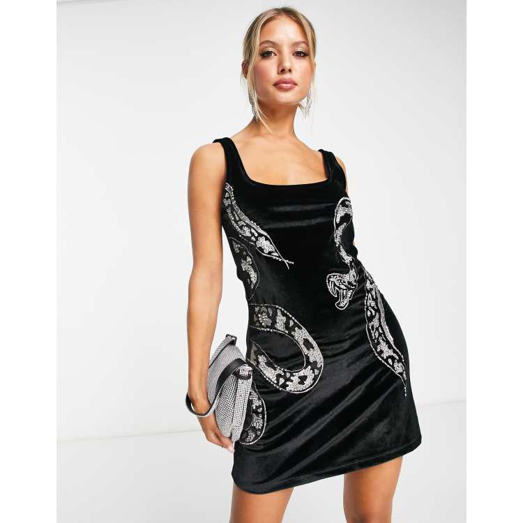 ASOS DESIGN sleeveless velvet mini dress with snake embellishment in black ASOS