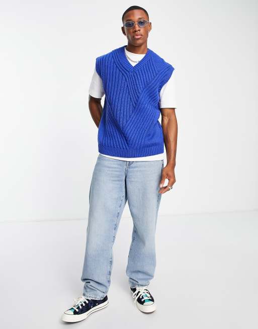 ASOS DESIGN sleeveless vest with traveling rib in blue | ASOS