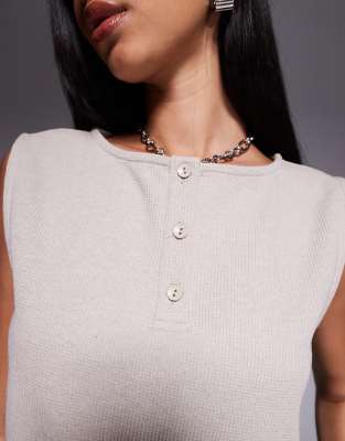 ASOS DESIGN sleeveless waffle button up top in mini frill hem in cream