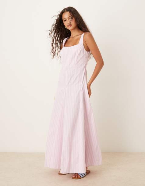 ASOS DESIGN sleeveless waisted midi dress in pink stripe - view 1