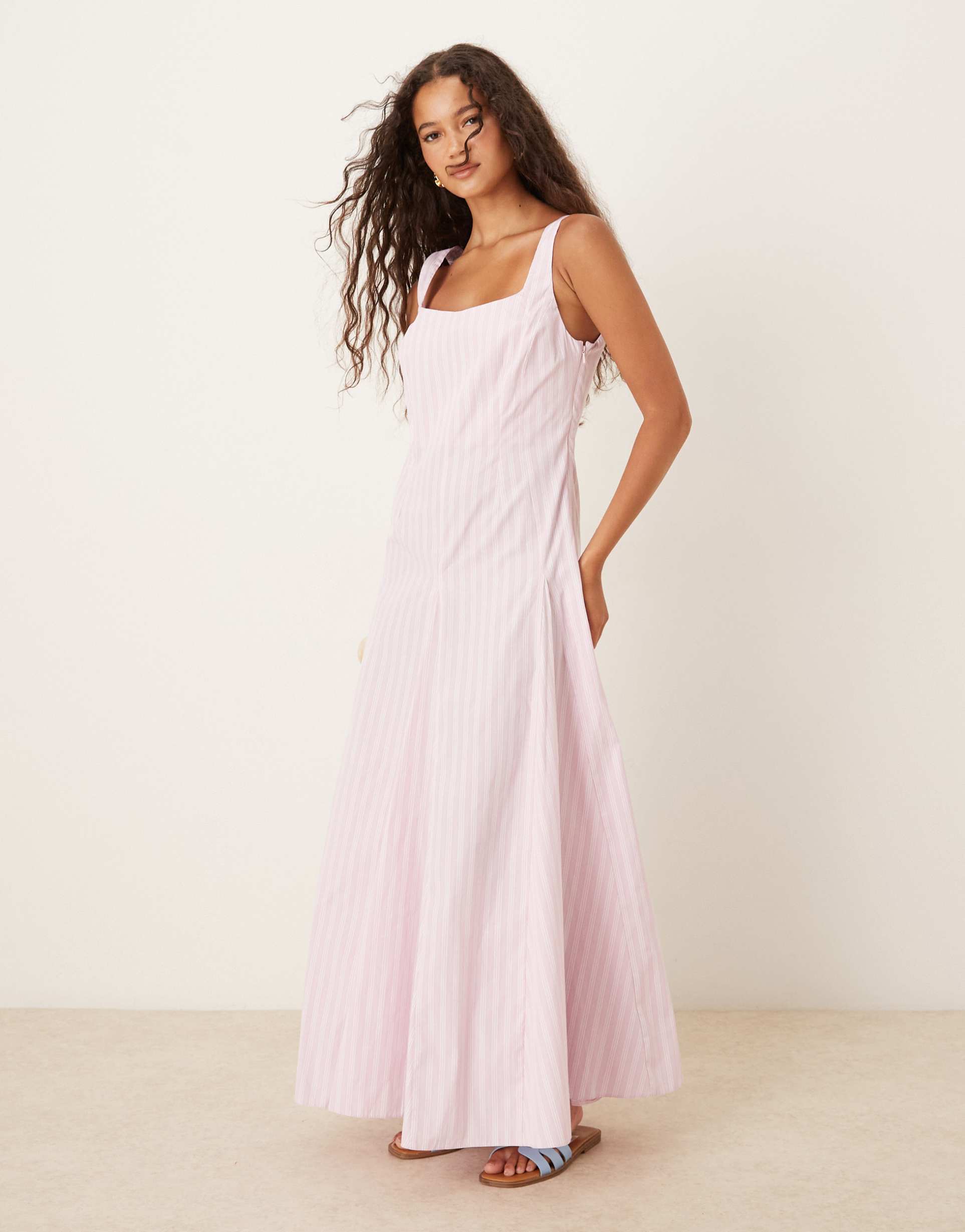 asos design sleeveless waisted midi dress in pink stripe
