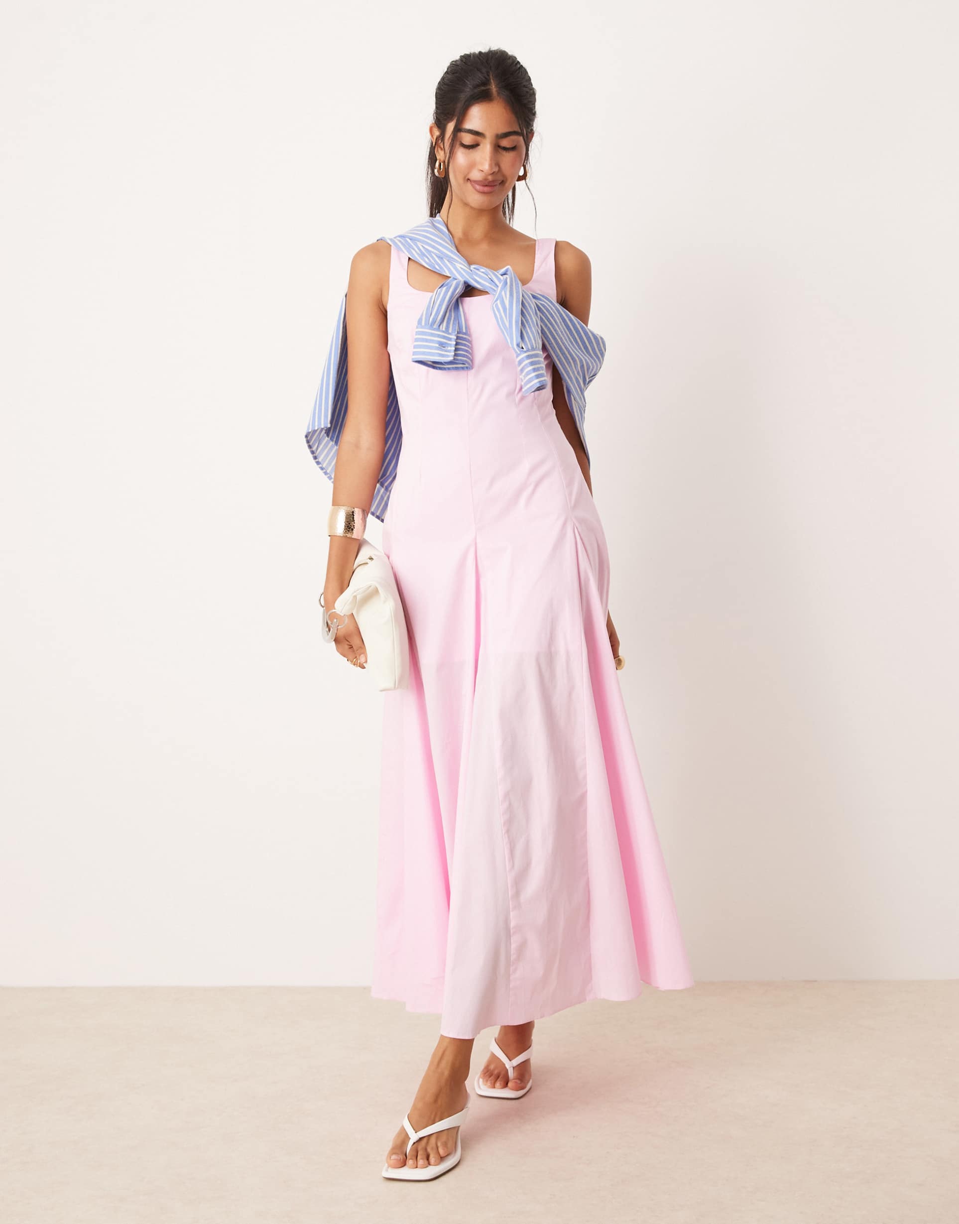 asos design sleeveless waisted midi dress in pink