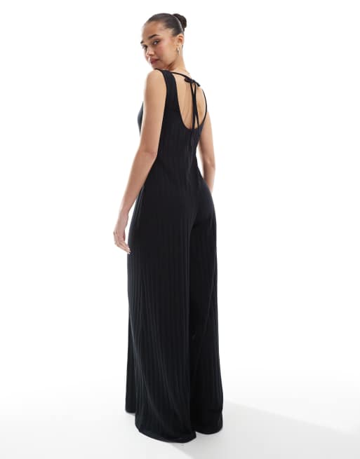 ASOS DESIGN sleeveless wide rib jumpsuit in black, 3 of 4