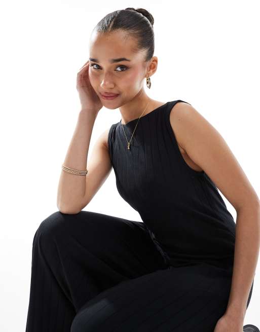 ASOS DESIGN sleeveless wide rib jumpsuit in black, 4 of 4