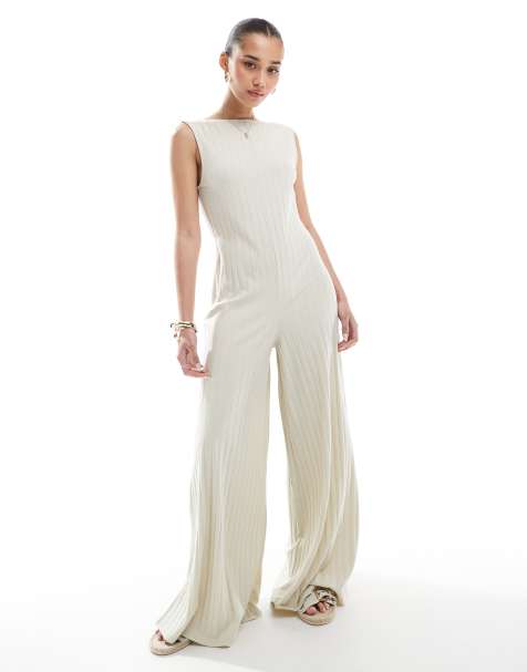 ASOS DESIGN sleeveless wide rib jumpsuit in stone - view 1