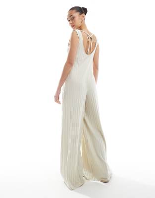 Asos Design Sleeveless Wide Rib Jumpsuit In Neutral