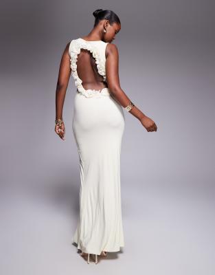 Asos Design Sleeveless With 3d Flower Open Back Maxi Dress In White