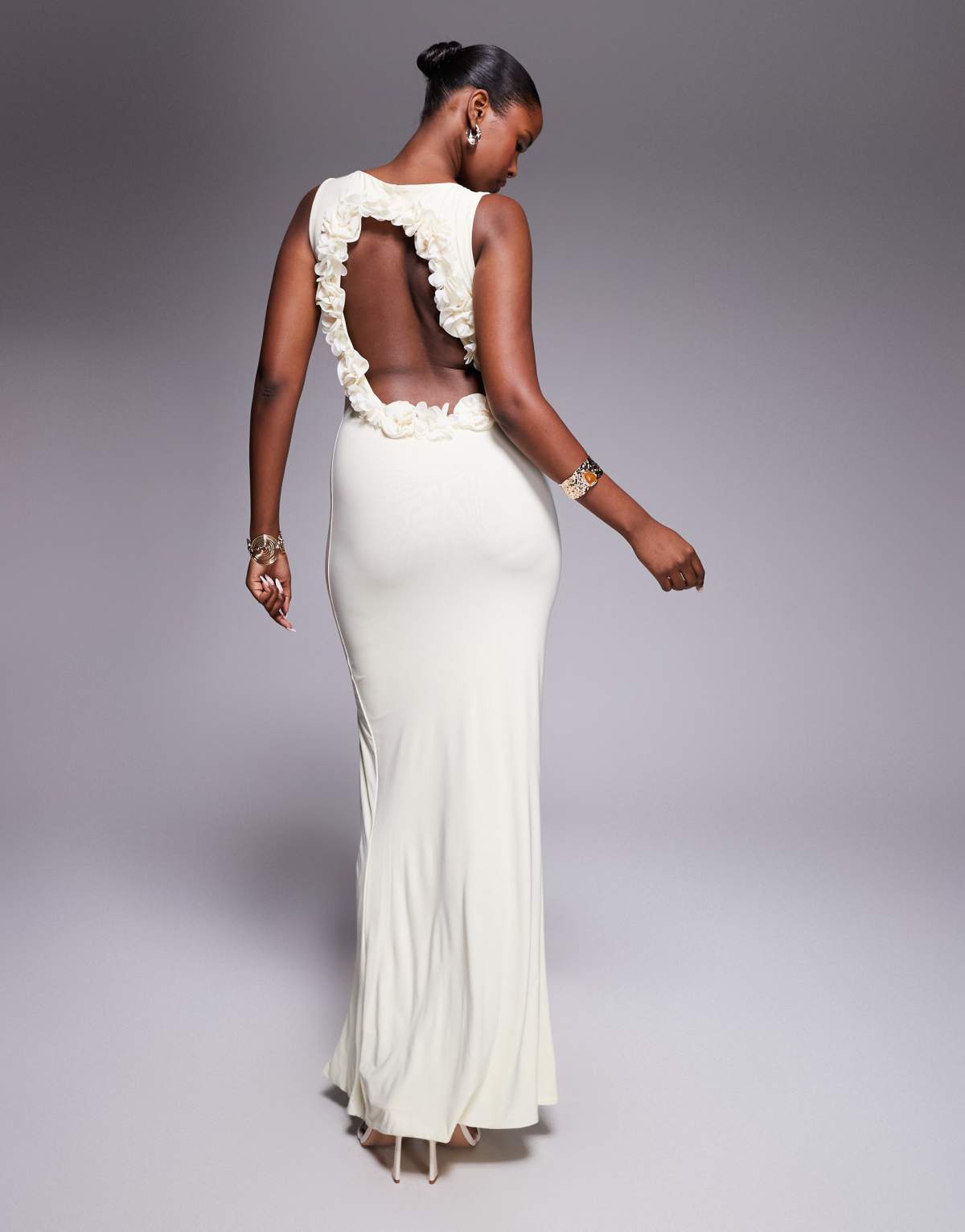 ASOS DESIGN sleeveless with 3D flower open back maxi dress in buttermilk yellow