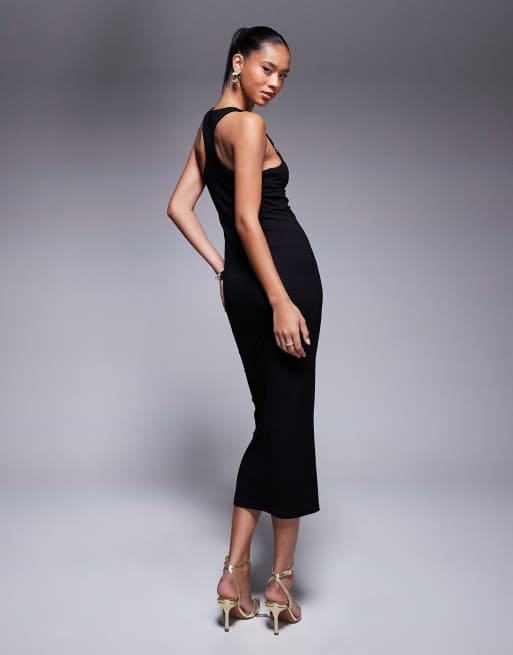 ASOS DESIGN sleeveless with asymmetric with trim detail midi dress in black  | ASOS