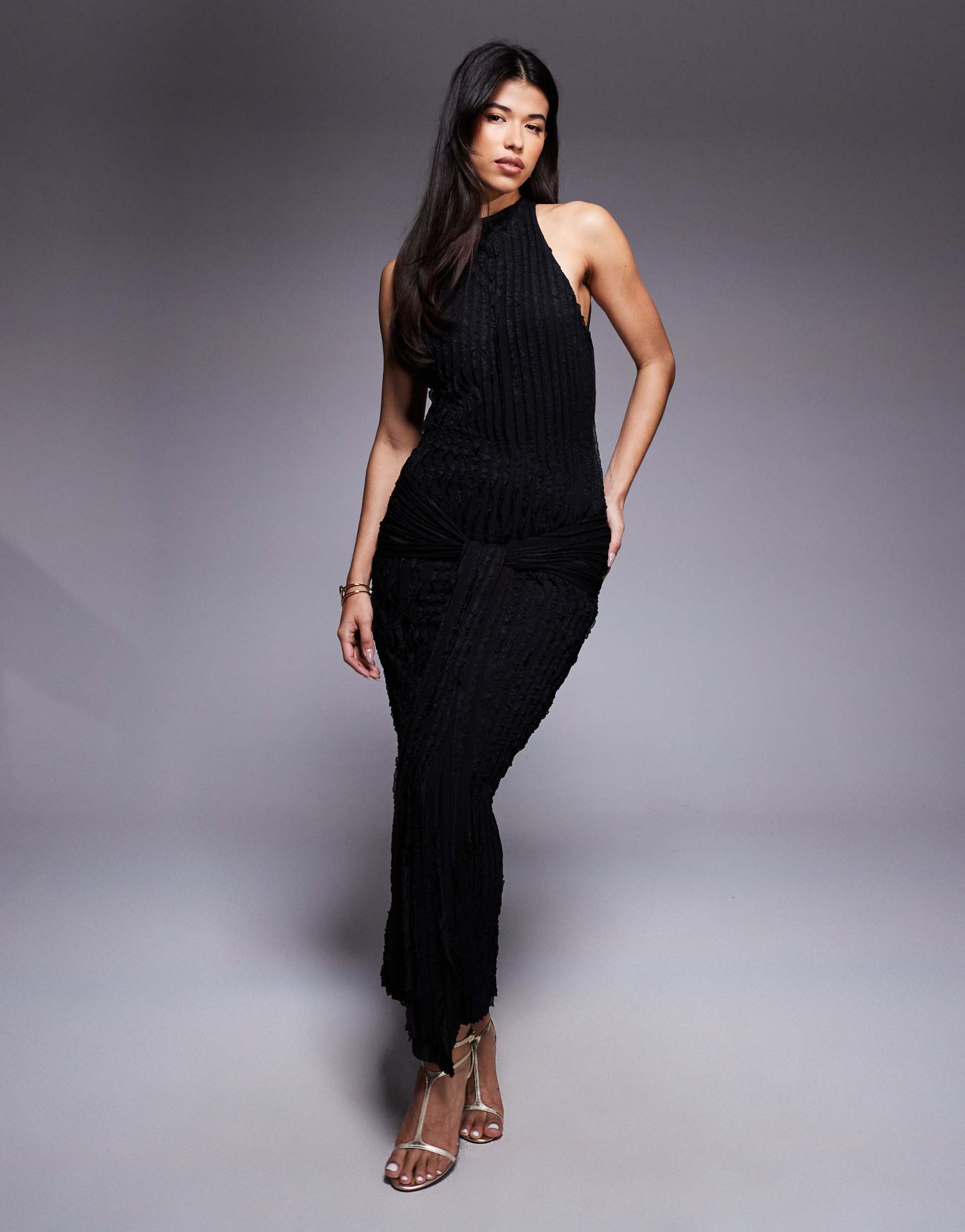 asos design sleeveless with drape detail textured midi dress in black