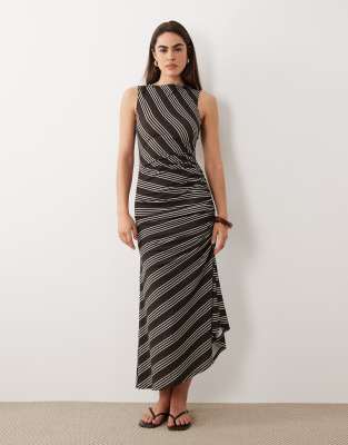 ASOS DESIGN sleeveless with ruching tie detail midi dress in stripe-Multi