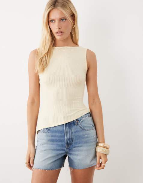 ASOS DESIGN sleeveless with slash neck and asymmetric hem top in yellow - view 1
