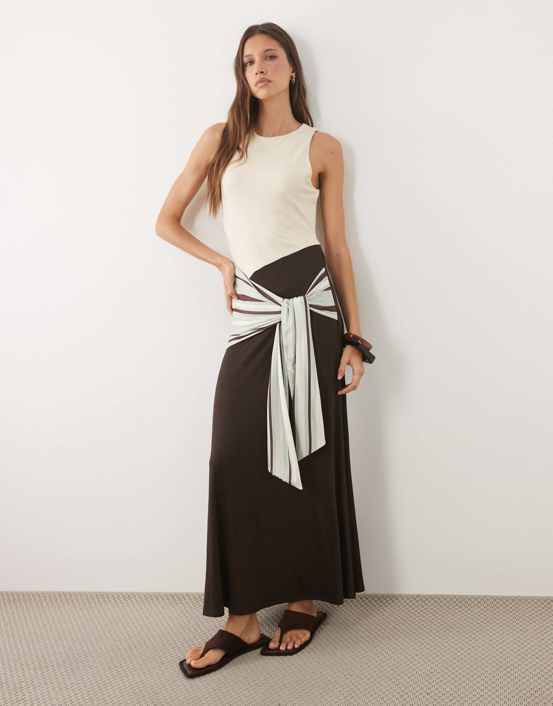asos design sleeveless with tie detail contrast maxi dress in brown and cream
