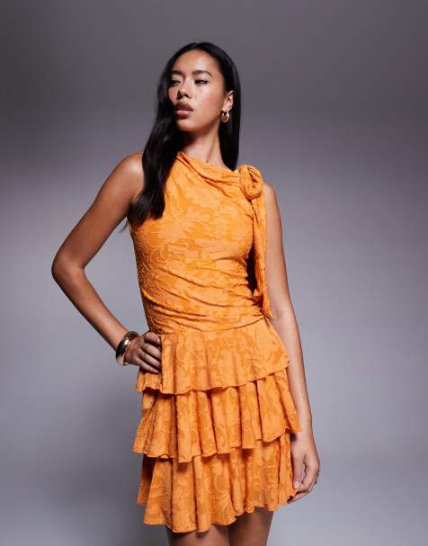 ASOS DESIGN sleeveless with tie detail mini dress with ruffles in orange - view 1