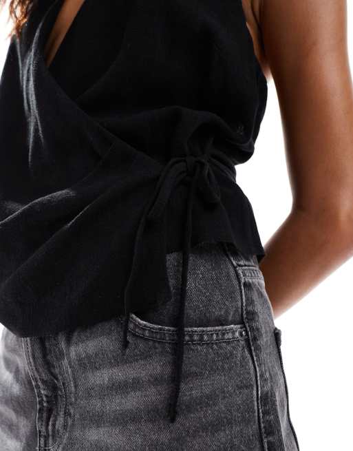 ASOS DESIGN sleeveless wrap tie side top in black