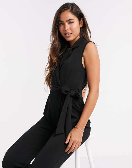 Black collar tie store front sleeveless jumpsuit