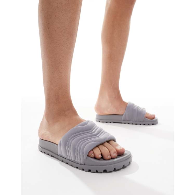 【関税＆送料込み】Grey Suede Slide Sandals With Monile Det BRUNELLO CUCINELLI 795$ Blue Urban Slide Sandals - Washed