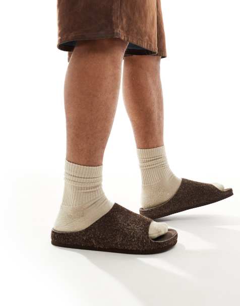 ASOS DESIGN slider sandals in brown hairy suede - view 1