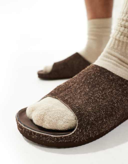 ASOS DESIGN slider sandals in brown hairy suede, 3 of 4