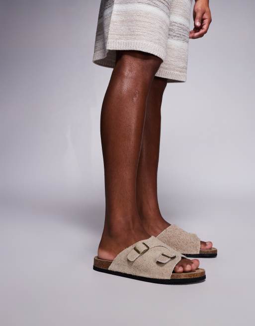 ASOS DESIGN slider sandals in stone hairy suede
