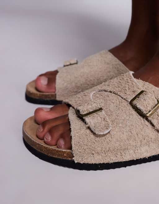 ASOS DESIGN slider sandals in stone hairy suede