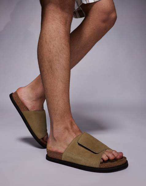 ASOS DESIGN slider sandals in stone suede with cork sole - view 1