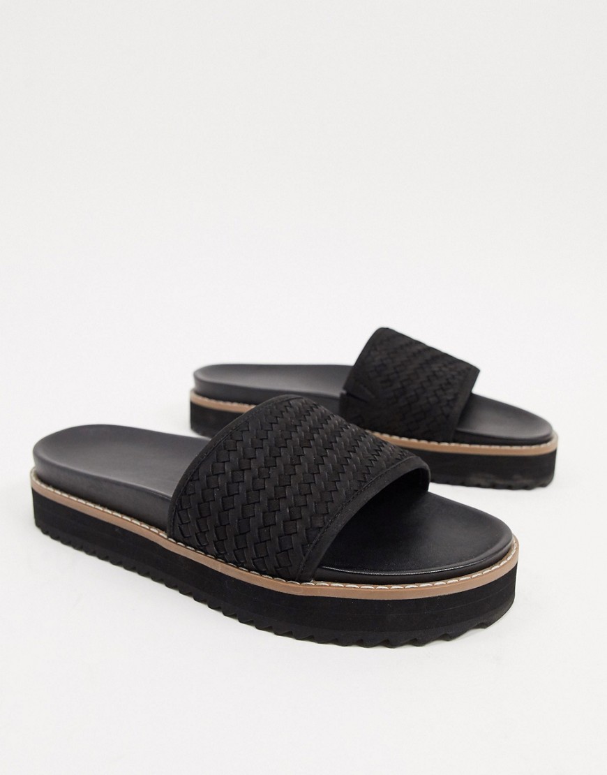 ASOS DESIGN sliders in leather with woven strap and chunky sole-Black