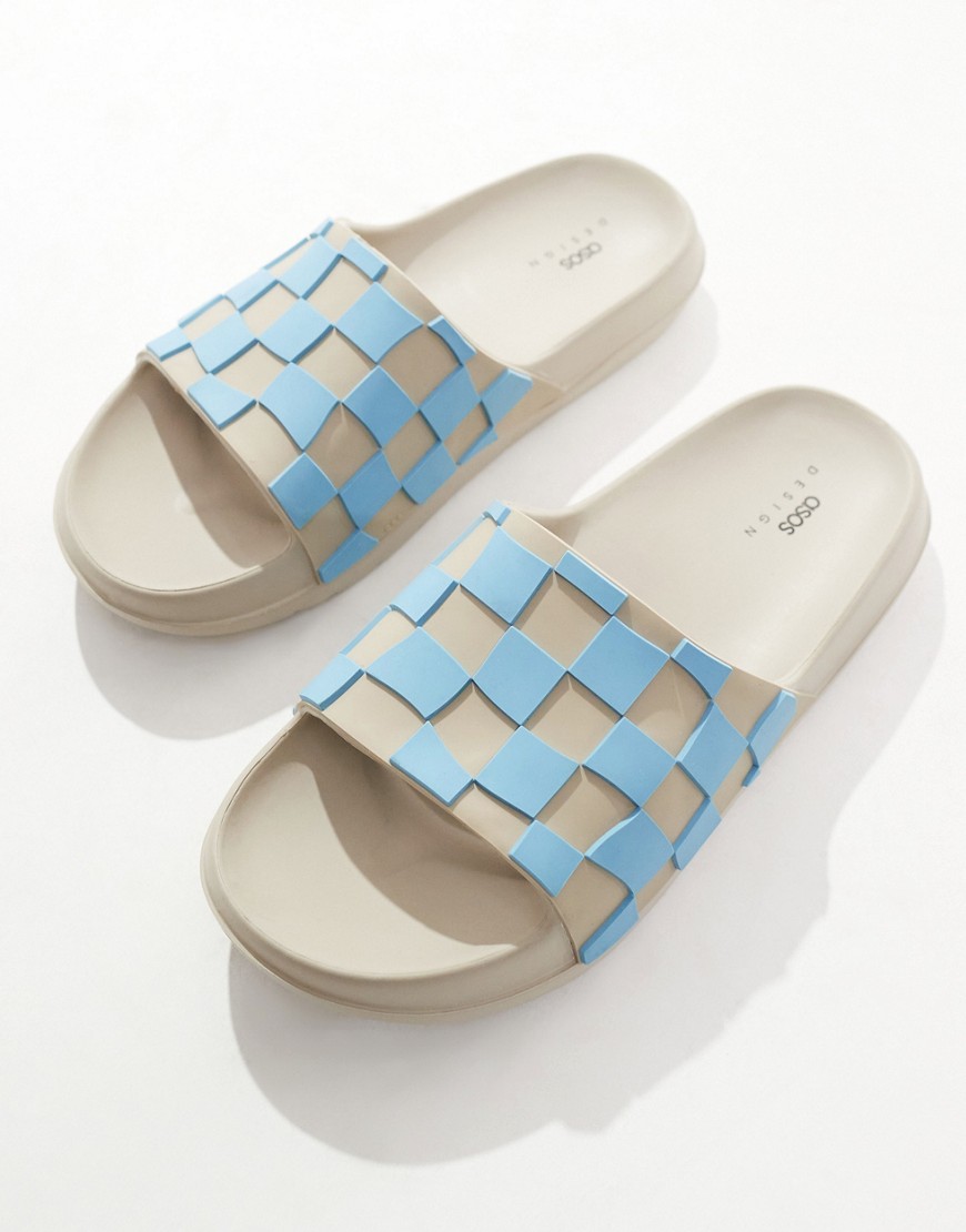 Asos Design Slides In Stone With Blue Checkerboard