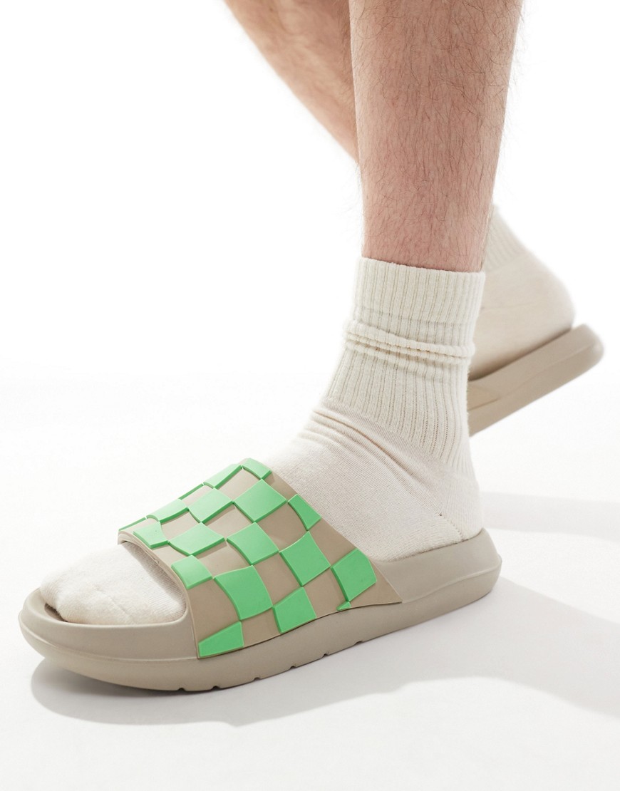 Asos Design Slides In Stone With Green Checkerboard