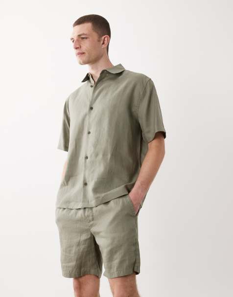 ASOS DESIGN slim 100% linen shorts in mid length in khaki (part of a set) - view 1