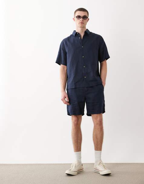 ASOS DESIGN slim 100% linen shorts in mid length in navy (part of a set) - view 1
