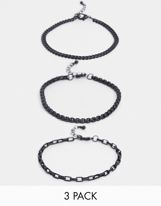 ASOS DESIGN slim 4mm chain bracelet pack in black