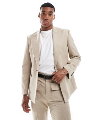 Asos Design Slim Suit Jacket In Wool Mix Texture In Beige-neutral