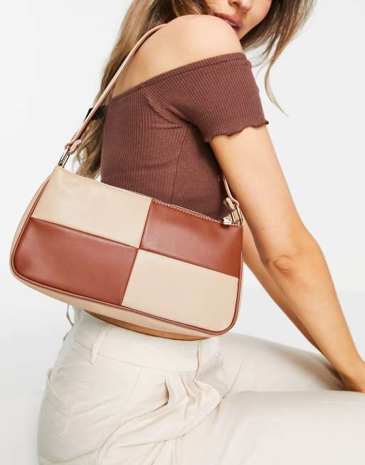 ASOS DESIGN slim 90s shoulder bag in brown & beige patchwork