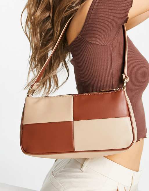 ASOS DESIGN slim 90s shoulder bag in brown beige patchwork